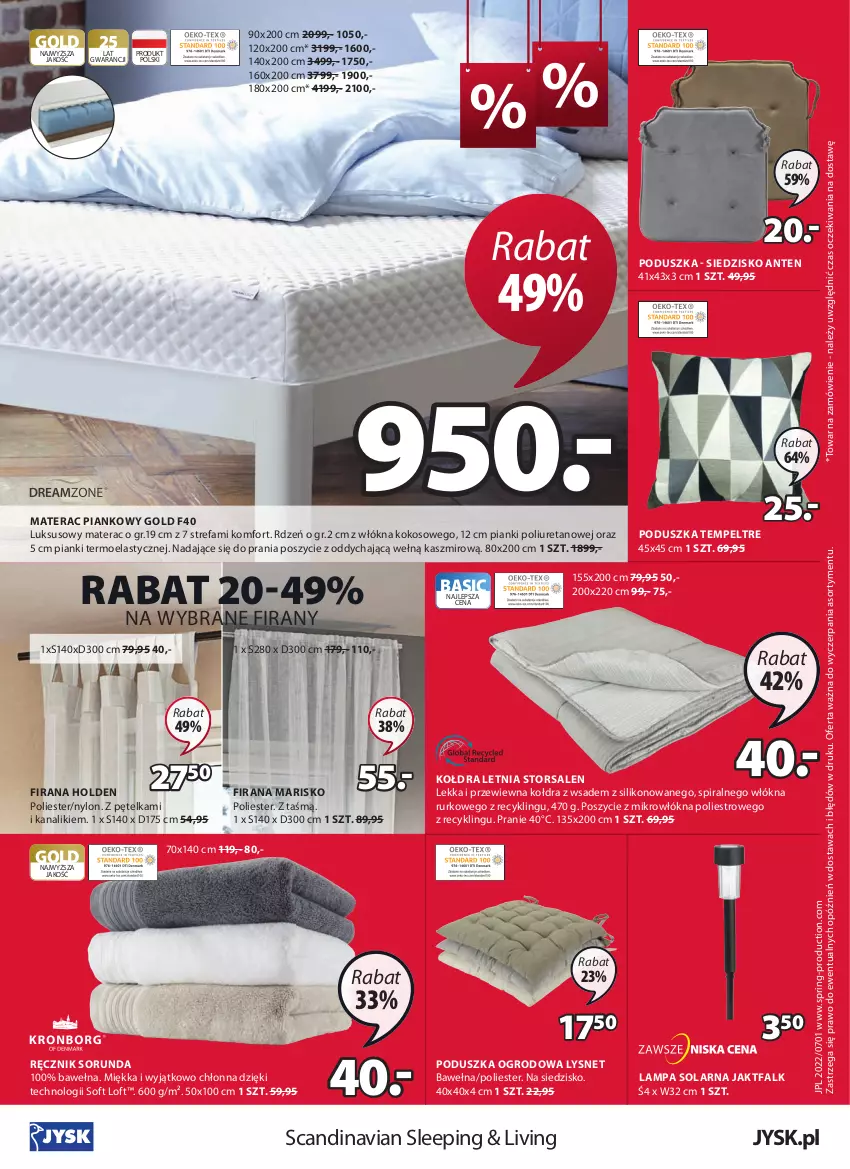 Gazetka promocyjna Jysk - Oferta tygodnia - ważna 29.06 do 12.07.2022 - strona 17 - produkty: Fa, Firana, Kokos, Kołdra, Lampa, Materac, Materac piankowy, Poduszka, Ręcznik, Siedzisko, Tera, Wełna