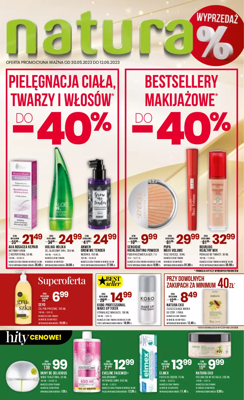 Gazetka promocyjna Drogerie Natura - Gazetka Drogerie Natura - ważna 30.05 do 12.06.2023 - strona 1 - produkty: Bourjois, DKNY, Elmex, Eveline, Fa, Holika Holika, KOBO, Makijaż, Maska, Maska do stóp, Pasta do zębów, Peeling, Płyn micelarny, Podkład, Podkład do twarzy, Puder, Pupa, Tusz, Woda, Woda toaletowa