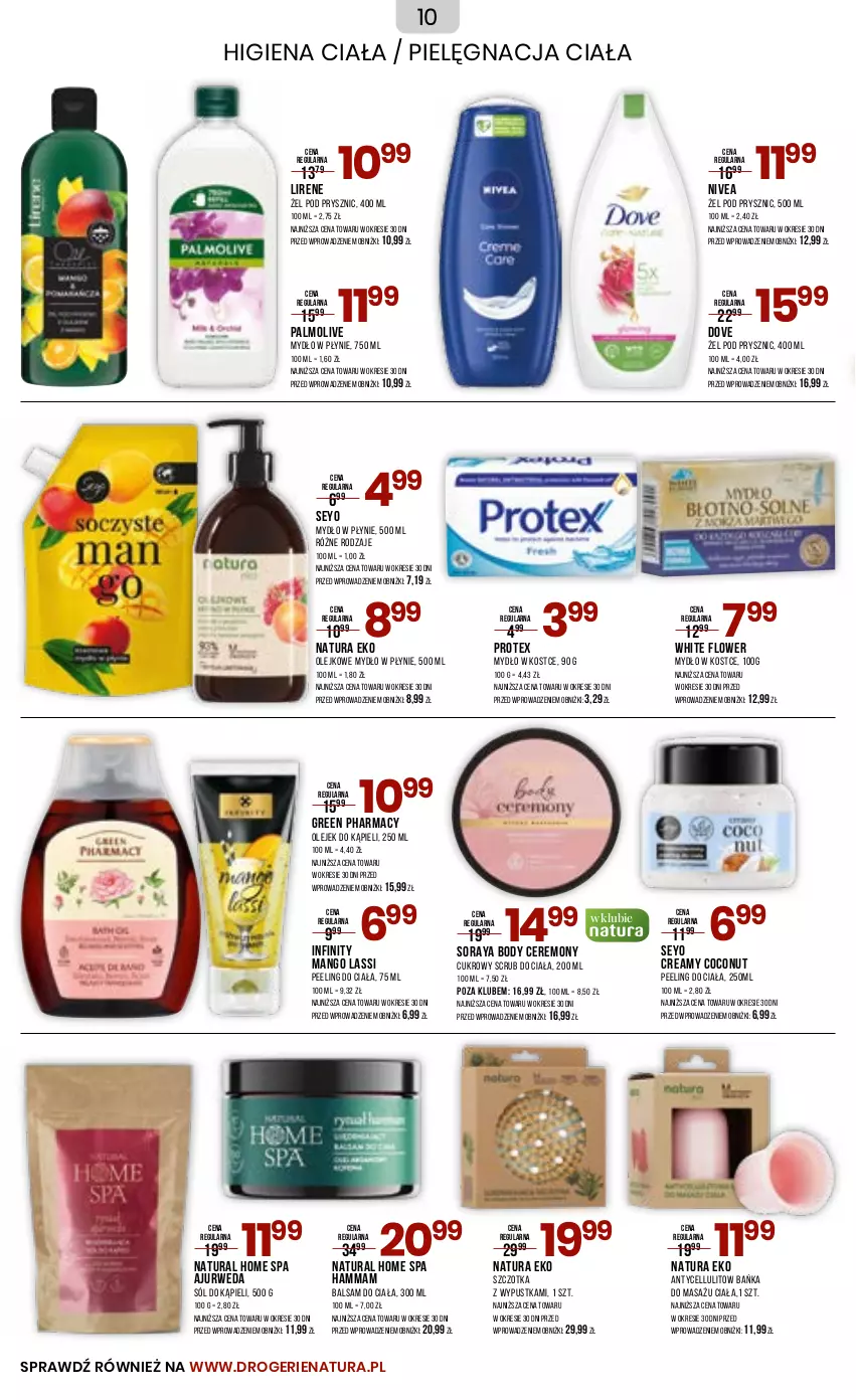 Gazetka promocyjna Drogerie Natura - Gazetka Drogerie Natura - ważna 30.05 do 12.06.2023 - strona 10 - produkty: Balsam do ciała, Body, Dove, Green pharmacy, Lirene, Mango, Mydło, Mydło w płynie, Nivea, Olej, Palmolive, Peeling, Sól, Sól do kąpieli, Szczotka