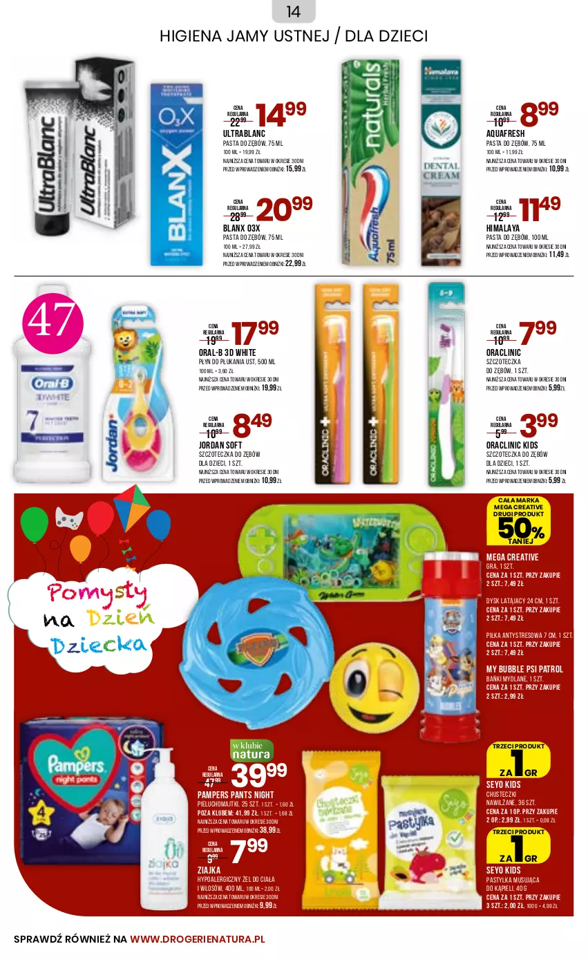 Gazetka promocyjna Drogerie Natura - Gazetka Drogerie Natura - ważna 30.05 do 12.06.2023 - strona 14 - produkty: Aquafresh, Chusteczki, Clin, Dzieci, Gra, Higiena jamy ustnej, Himalaya, Majtki, Mus, Pampers, Pasta do zębów, Pieluchomajtki, Płyn do płukania, Psi Patrol, Szczoteczka, Szczoteczka do zębów, Ziajka