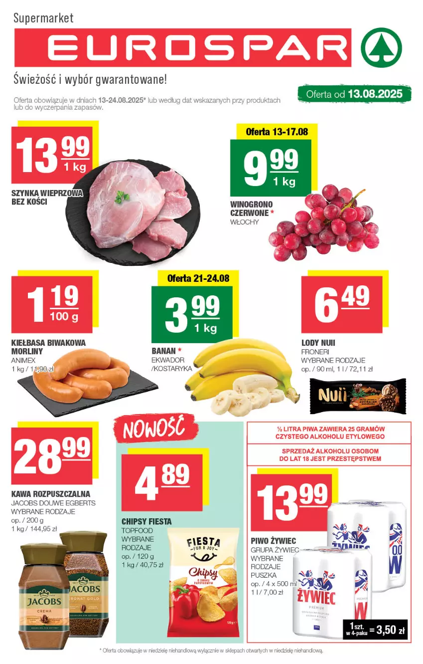 Gazetka promocyjna Spar - EuroSpar - ważna 10.08 do 20.08.2025 - strona 1 - produkty: Chipsy, Jacobs, Kawa, Kawa rozpuszczalna, Kiełbasa, Lody, Morliny, Piwo, Szynka, Szynka wieprzowa, Top, Wino