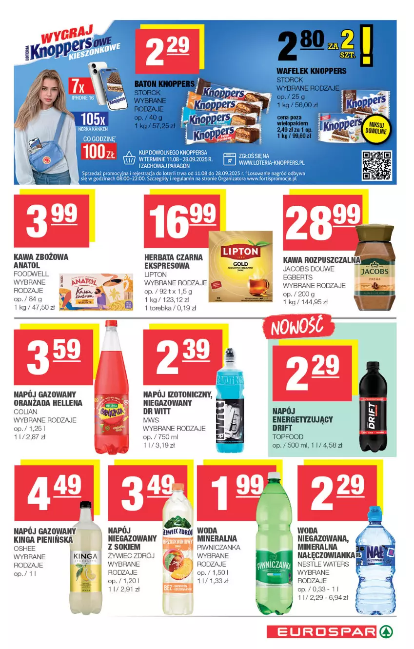Gazetka promocyjna Spar - EuroSpar - ważna 10.08 do 20.08.2025 - strona 13 - produkty: Hellena, Herbata, Herbata czarna, Kawa, Kawa zbożowa, Knoppers, LG, Lipton, Nałęczowianka, Napój, Napój gazowany, Oranżada, Oshee, Sok, Top, Torebka, Woda