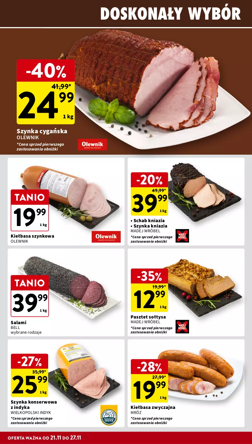 Gazetka promocyjna Intermarche - Gazetka Intermarche - ważna 21.11 do 27.11.2024 - strona 16 - produkty: Bell, Kiełbasa, Kiełbasa szynkowa, Madej Wróbel, Olewnik, Pasztet, Salami, Ser, Szynka, Szynka cygańska, Szynka konserwowa