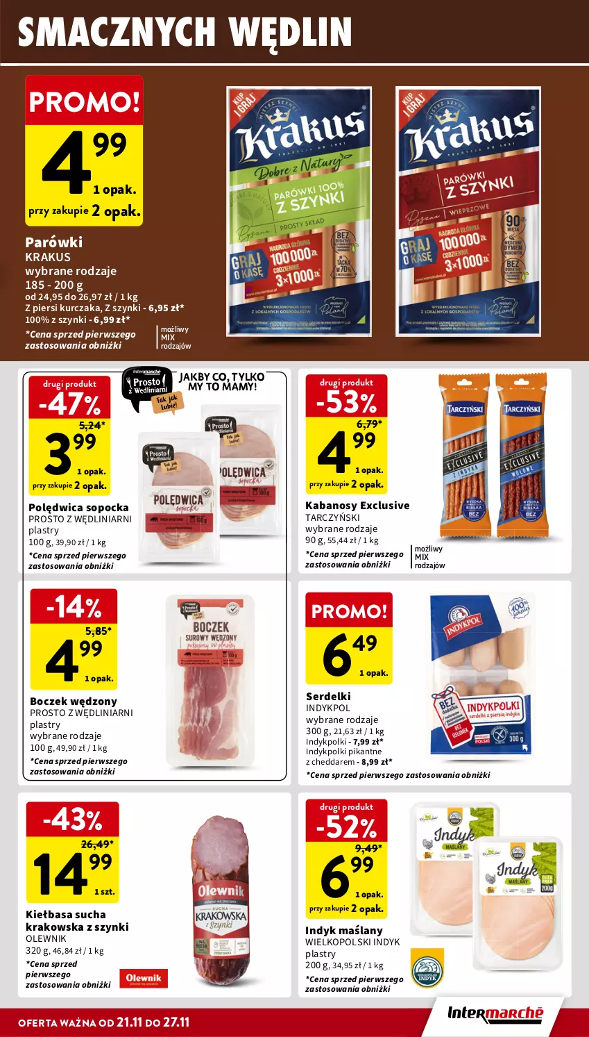 Gazetka promocyjna Intermarche - Gazetka Intermarche - ważna 21.11 do 27.11.2024 - strona 17 - produkty: Boczek, Cheddar, Kabanos, Kiełbasa, Krakus, Kurczak, Olewnik, Parówki, Polędwica, Ser, Serdelki, Tarczyński