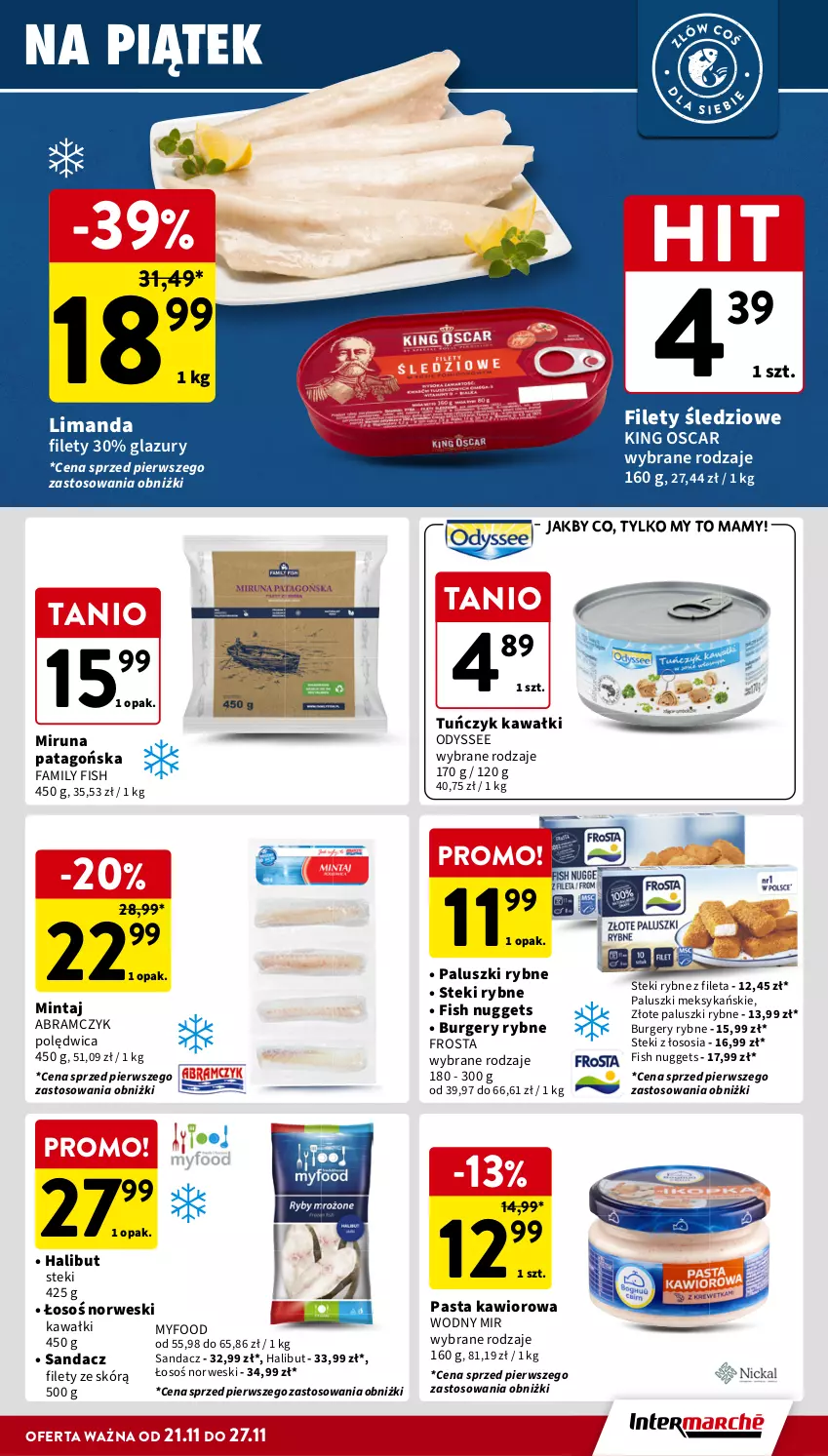 Gazetka promocyjna Intermarche - Gazetka Intermarche - ważna 21.11 do 27.11.2024 - strona 19 - produkty: Burger, Fa, Frosta, Halibut, Kawa, Kawior, Lazur, Mintaj, Miruna, Paluszki rybne, Polędwica, Sandacz, Sos, Stek, Tago, Tuńczyk