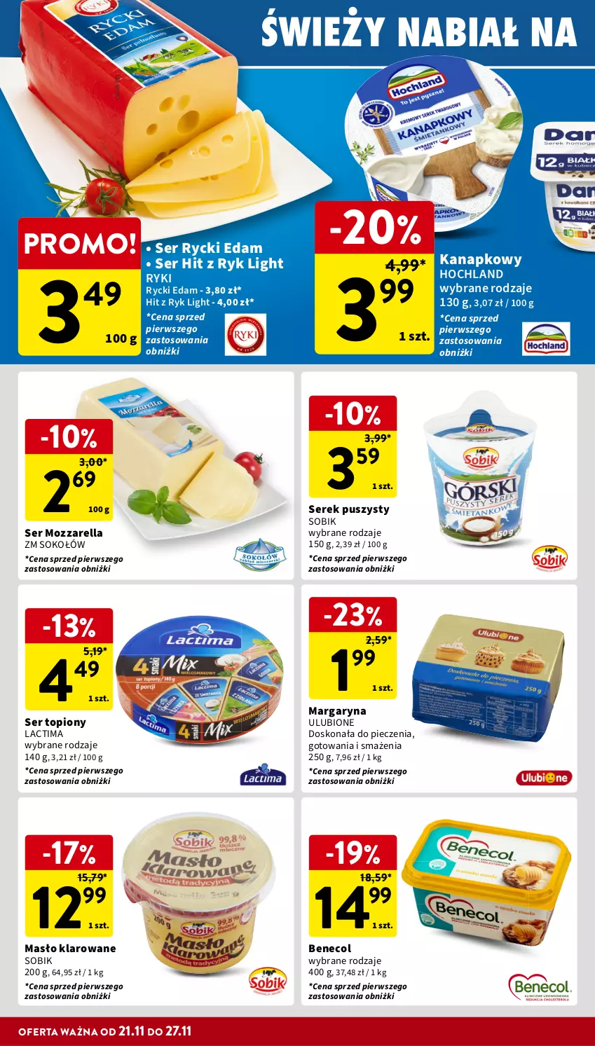 Gazetka promocyjna Intermarche - Gazetka Intermarche - ważna 21.11 do 27.11.2024 - strona 22 - produkty: Benecol, Edam, Hochland, Margaryna, Masło, Masło klarowane, Mozzarella, Piec, Rycki Edam, Ser, Ser topiony, Serek, Serek puszysty, Sok, Sokołów, Top