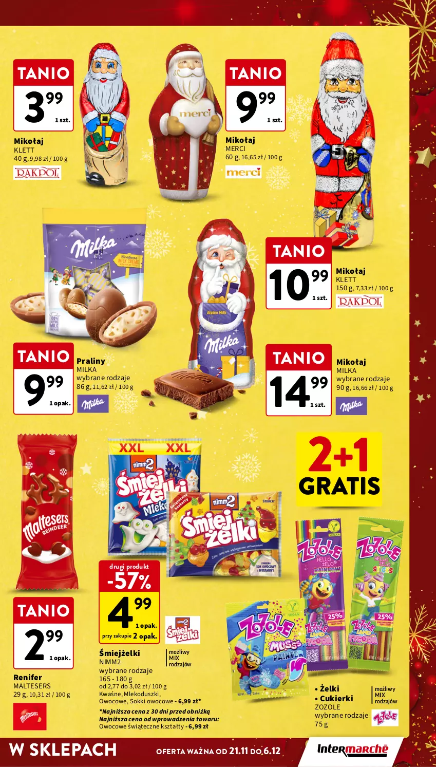 Gazetka promocyjna Intermarche - Gazetka Intermarche - ważna 21.11 do 27.11.2024 - strona 3 - produkty: Cukier, Cukierki, Gra, Merci, Milka, Mleko, Nimm2, Praliny, Renifer, Ser, Sok