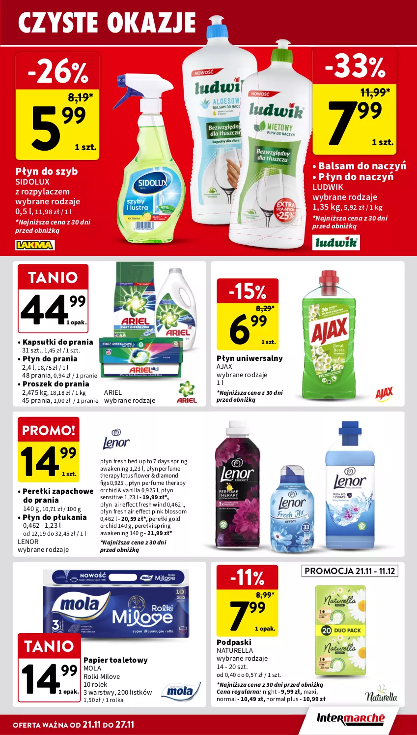 Gazetka promocyjna Intermarche - Gazetka Intermarche - ważna 21.11 do 27.11.2024 - strona 35 - produkty: 7 Days, Ajax, Ariel, Kapsułki do prania, Lenor, Ludwik, Mola, Naturell, Naturella, Papier, Papier toaletowy, Perełki zapachowe, Perfum, Płyn do płukania, Płyn do prania, Płyn do szyb, Podpaski, Proszek do prania, Rolki, Sidolux