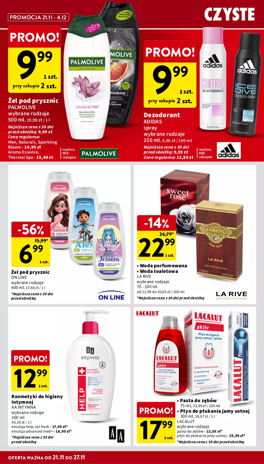 Gazetka promocyjna Intermarche - Gazetka Intermarche - ważna 21.11 do 27.11.2024 - strona 36 - produkty: Adidas, Bell, Dezodorant, Emulsja, La Rive, Lacalut, Palmolive, Pasta do zębów, Perfum, Płyn do płukania, Płyn do płukania jamy ustnej, Woda, Woda perfumowana, Woda toaletowa