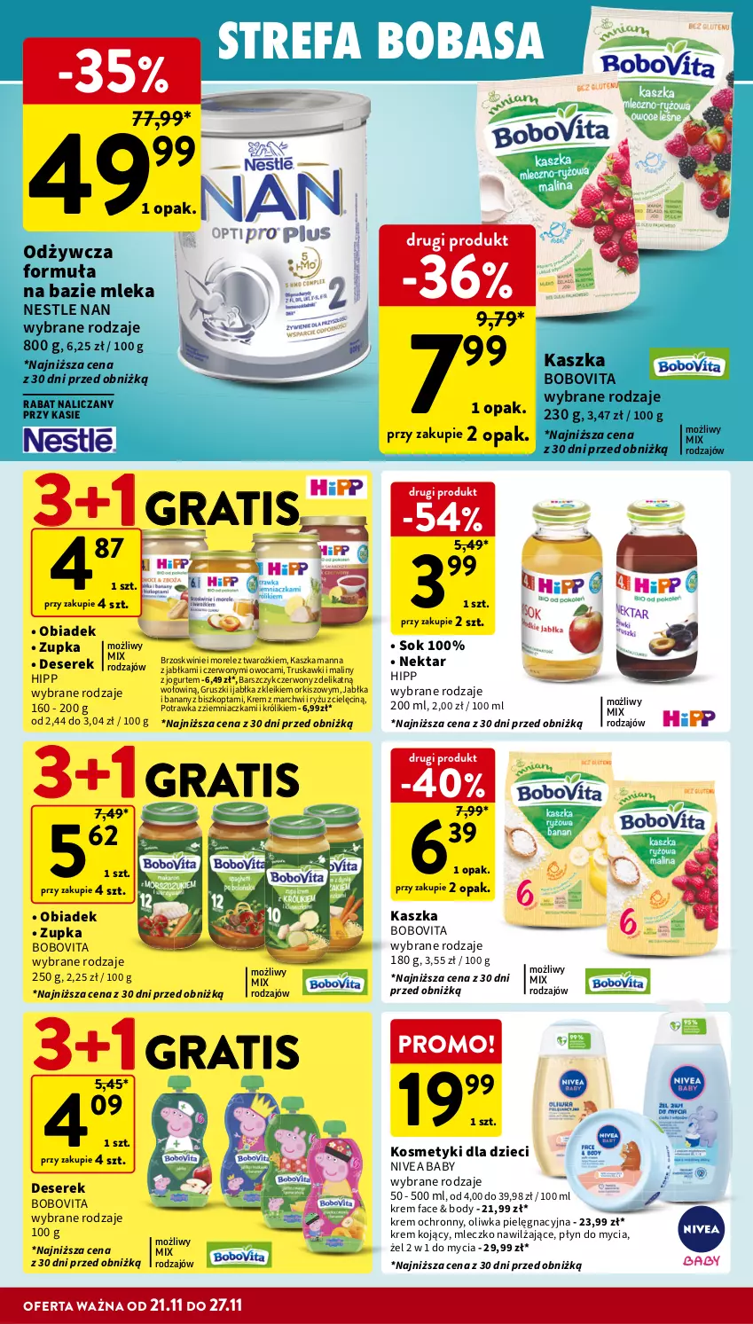 Gazetka promocyjna Intermarche - Gazetka Intermarche - ważna 21.11 do 27.11.2024 - strona 38 - produkty: Banany, BoboVita, Body, Brzoskwinie, Deser, Dzieci, Fa, Gra, Gruszki, HiPP, Jabłka, Jogurt, Kosmetyki dla dzieci, Królik, Maliny, Mleczko, Nektar, Nivea, Nivea Baby, Płyn do mycia, Ryż, Ser, Serek, Sok, Truskawki