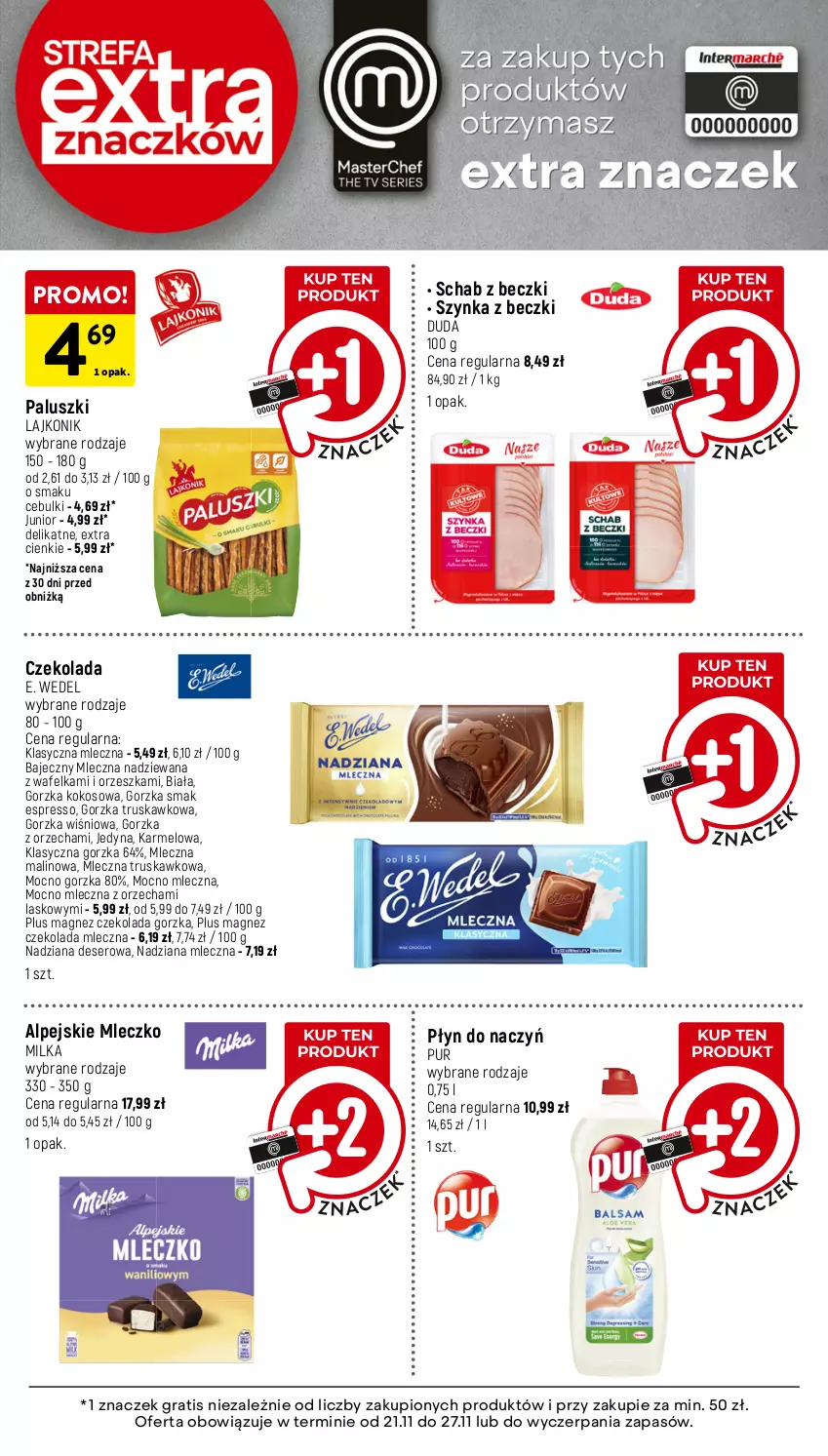 Gazetka promocyjna Intermarche - Gazetka Intermarche - ważna 21.11 do 27.11.2024 - strona 43 - produkty: Czekolada, Czekolada gorzka, Czekolada mleczna, Deser, Duda, E. Wedel, Gra, Kokos, Lajkonik, Magnez, Milka, Mleczko, Pur, Ser, Szynka, Szynka z beczki