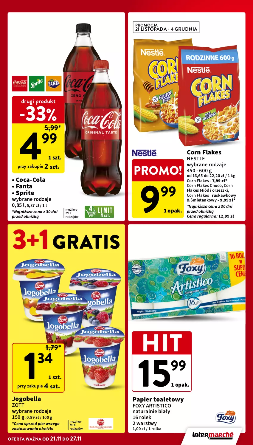 Gazetka promocyjna Intermarche - Gazetka Intermarche - ważna 21.11 do 27.11.2024 - strona 7 - produkty: Bell, Bella, Coca-Cola, Corn flakes, Fa, Fanta, Foxy, Gra, Jogobella, Miód, Orzeszki, Papier, Papier toaletowy, Sprite, Top, Zott