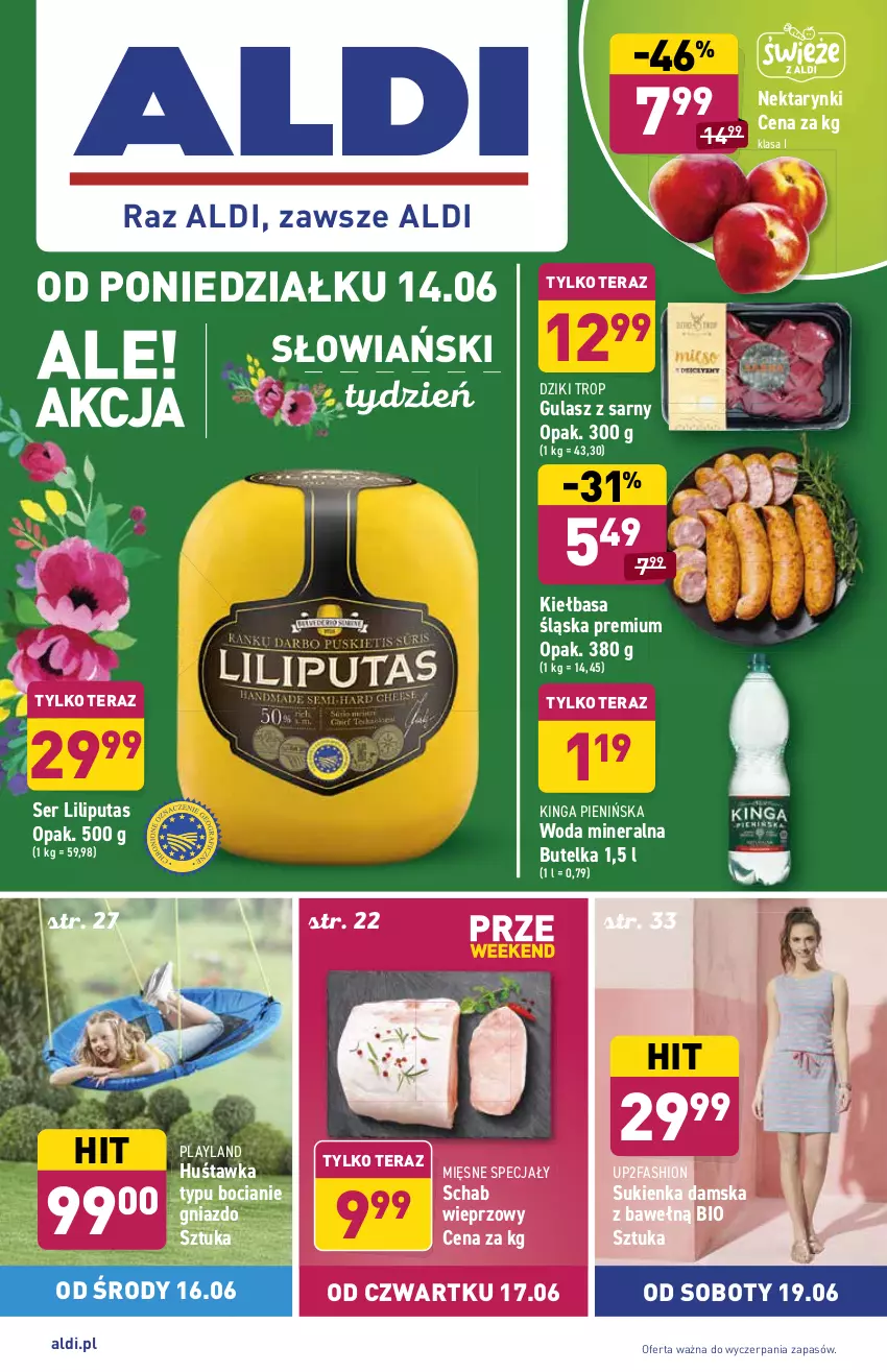 Gazetka promocyjna Aldi - ważna 14.06 do 19.06.2021 - strona 1 - produkty: Fa, Huśtawka, Kiełbasa, Kiełbasa śląska, Mięsne specjały, Nektar, Schab wieprzowy, Ser, Sukienka, Tera, Woda, Woda mineralna