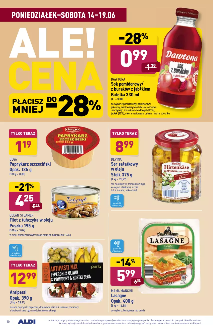 Gazetka promocyjna Aldi - ważna 14.06 do 19.06.2021 - strona 10 - produkty: Dawtona, Dega, Imbir, Lasagne, Olej, Oliwki, Papryka, Paprykarz, Paprykarz szczeciński, Pomidory, Sałat, Ser, Sok, Sok pomidorowy, Suszone pomidory, Tera, Tuńczyk