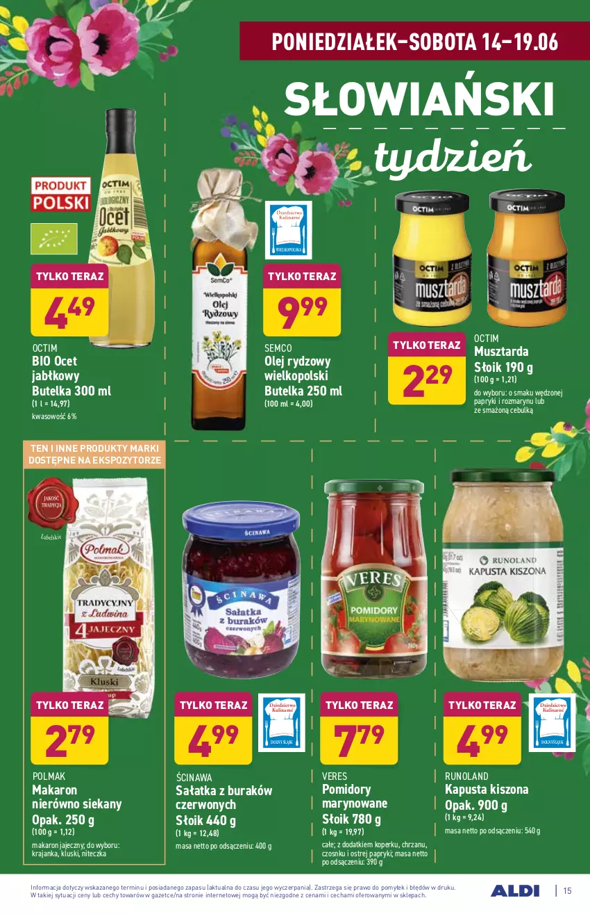 Gazetka promocyjna Aldi - ważna 14.06 do 19.06.2021 - strona 15 - produkty: Chrzan, Makaron, Mus, Musztarda, Ocet, Olej, Olma, Pomidory, Runoland, Sałat, Sałatka, Tera