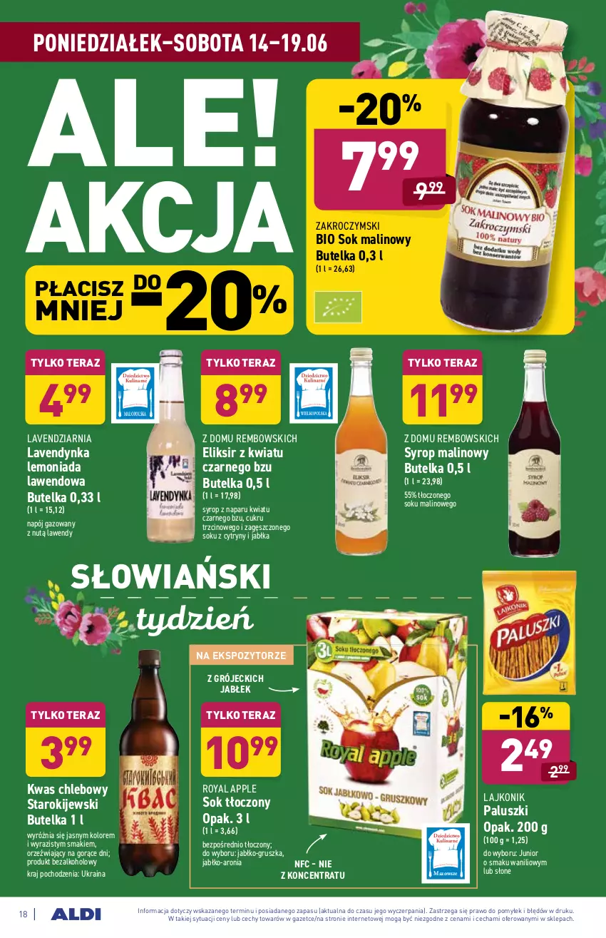 Gazetka promocyjna Aldi - ważna 14.06 do 19.06.2021 - strona 18 - produkty: Aronia, Chleb, Cytryny, Jabłka, Kije, Lajkonik, Lemoniada, Napój, Napój gazowany, Sok, Syrop, Tera