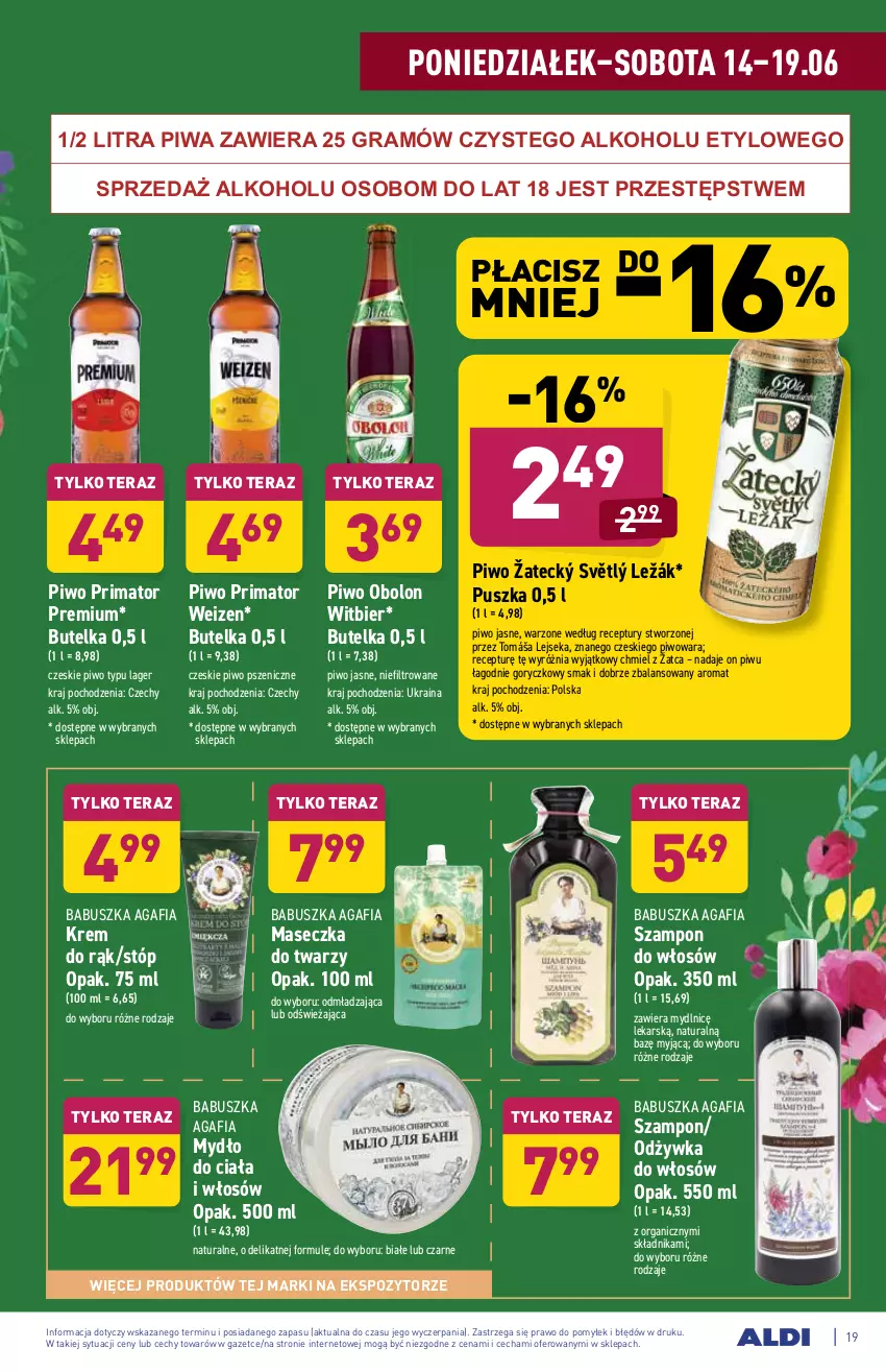 Gazetka promocyjna Aldi - ważna 14.06 do 19.06.2021 - strona 19 - produkty: Gra, Krem do rąk, Mule, Mydło, Odżywka, Piwa, Piwo, Piwo jasne, Prima, Szampon, Tera