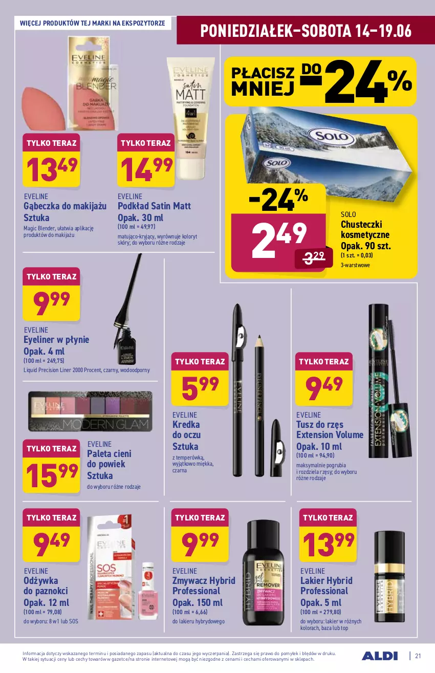 Gazetka promocyjna Aldi - ważna 14.06 do 19.06.2021 - strona 21 - produkty: Blender, Chusteczki, Chusteczki kosmetyczne, Eveline, Kredka, Lakier, Makijaż, Odżywka, Paleta, Podkład, Por, Sati, Sos, Tera, Top, Tusz