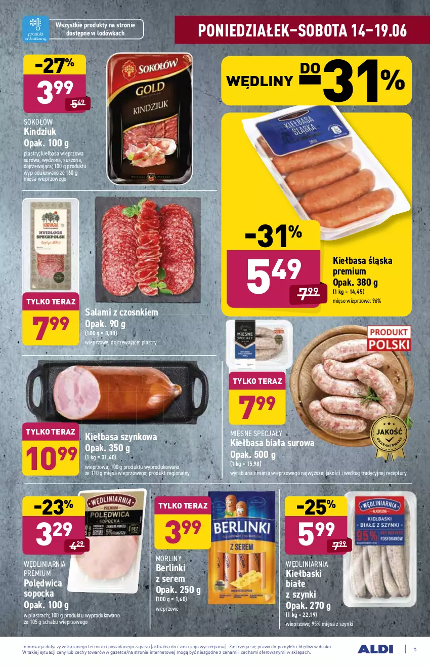 Gazetka promocyjna Aldi - ważna 14.06 do 19.06.2021 - strona 5 - produkty: Berlinki, Kiełbasa, Kiełbasa biała, Kiełbasa śląska, Kiełbasa szynkowa, Kiełbaski białe, Kindziuk, Lodówka, Mięsne specjały, Mięso, Mięso wieprzowe, Morliny, Polędwica, Salami, Ser, Sok, Sokołów, Tera