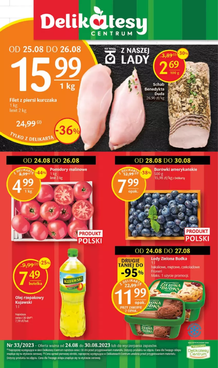 Gazetka promocyjna Delikatesy Centrum - Gazetka DC33 - ważna 24.08 do 30.08.2023 - strona 1 - produkty: Filet z piersi kurczaka, Kosz, Kujawski, Kurczak, Lody, Olej, Olej rzepakowy, Pomidory, Rum, Schab Benedykta, Zielona Budka