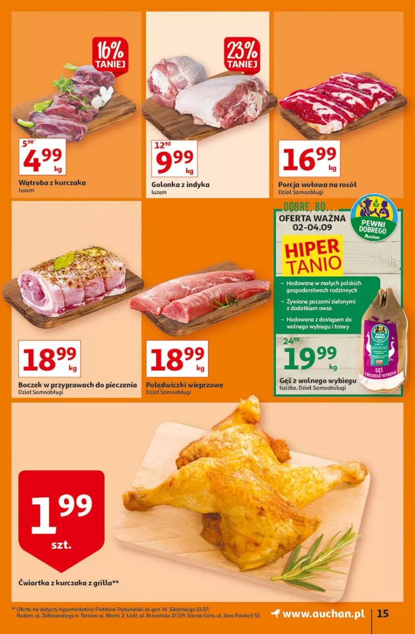 Gazetka promocyjna Auchan - Małe ceny Hipermarkety - ważna 02.09 do 08.09.2021 - strona 15 - produkty: Boczek, Fa, Golonka z indyka, Grill, Kurczak, Piec, Por, Rosół, Ryba, Tusz