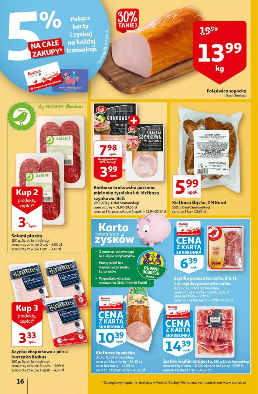 Gazetka promocyjna Auchan - Małe ceny Hipermarkety - ważna 02.09 do 08.09.2021 - strona 16 - produkty: Bell, Kiełbasa, Kiełbasa krakowska, Kiełbasa śląska, Kiełbasa szynkowa, Krakus, Kurczak, Mielonka tyrolska, Polędwica, Por, Salami, Sport, Szynka