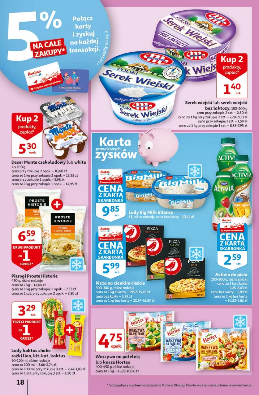 Gazetka promocyjna Auchan - Małe ceny Hipermarkety - ważna 02.09 do 08.09.2021 - strona 18 - produkty: Deser, Hortex, Kaktus, Lion, Lody, Monte, Pierogi, Ser, Serek, Serek wiejski, Warzywa