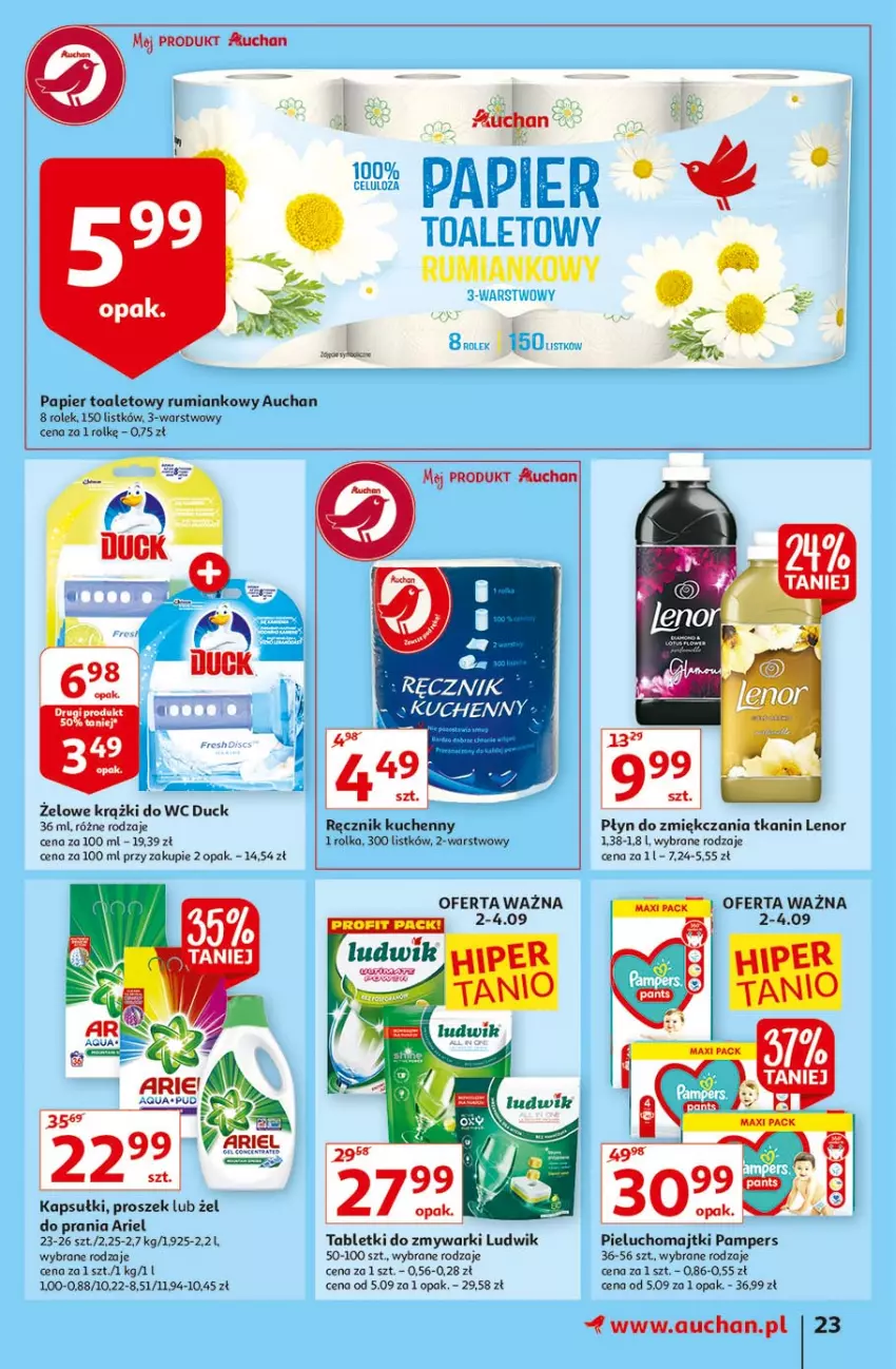 Gazetka promocyjna Auchan - Małe ceny Hipermarkety - ważna 02.09 do 08.09.2021 - strona 23 - produkty: Ariel, Duck, Fa, Lenor, Ludwik, Majtki, Pampers, Papier, Papier toaletowy, Pieluchomajtki, Ręcznik, Ręcznik kuchenny, Rum, Tablet