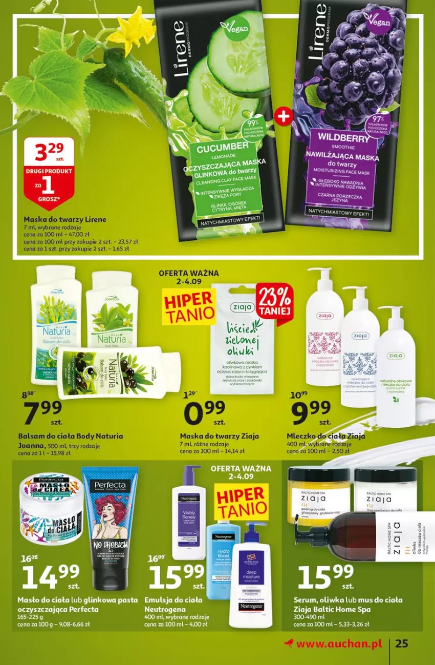 Gazetka promocyjna Auchan - Małe ceny Hipermarkety - ważna 02.09 do 08.09.2021 - strona 25 - produkty: Balsam do ciała, Body, Fa, Joanna, Lirene, Maska, Maska do twarzy, Mleczko, Mleczko do ciała, Ziaja