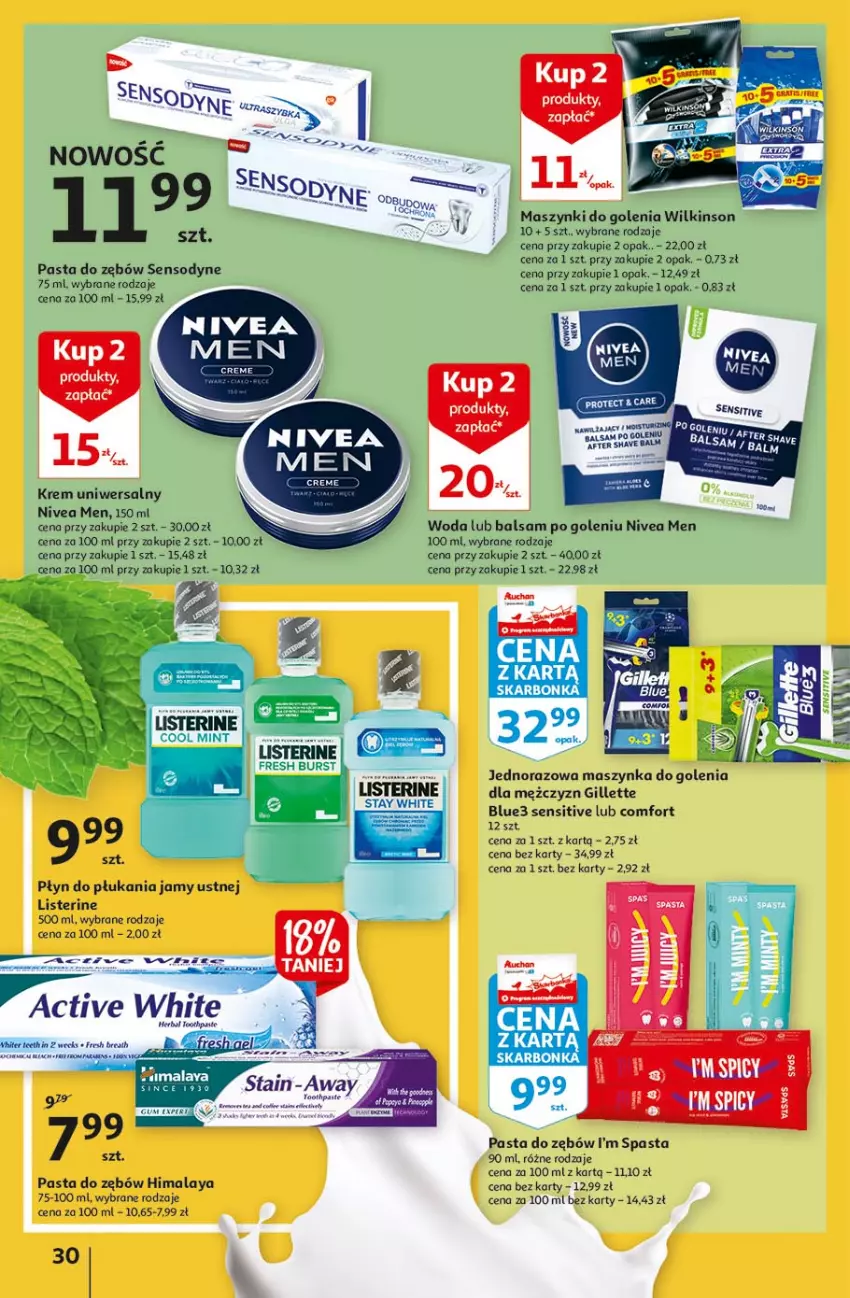 Gazetka promocyjna Auchan - Małe ceny Hipermarkety - ważna 02.09 do 08.09.2021 - strona 30 - produkty: Gillette, Himalaya, HP, Krem uniwersalny, Listerine, Maszynka, Maszynka do golenia, Nivea, Nivea Men, Pasta do zębów, Płyn do płukania, Płyn do płukania jamy ustnej, Sensodyne, Szynka, Woda