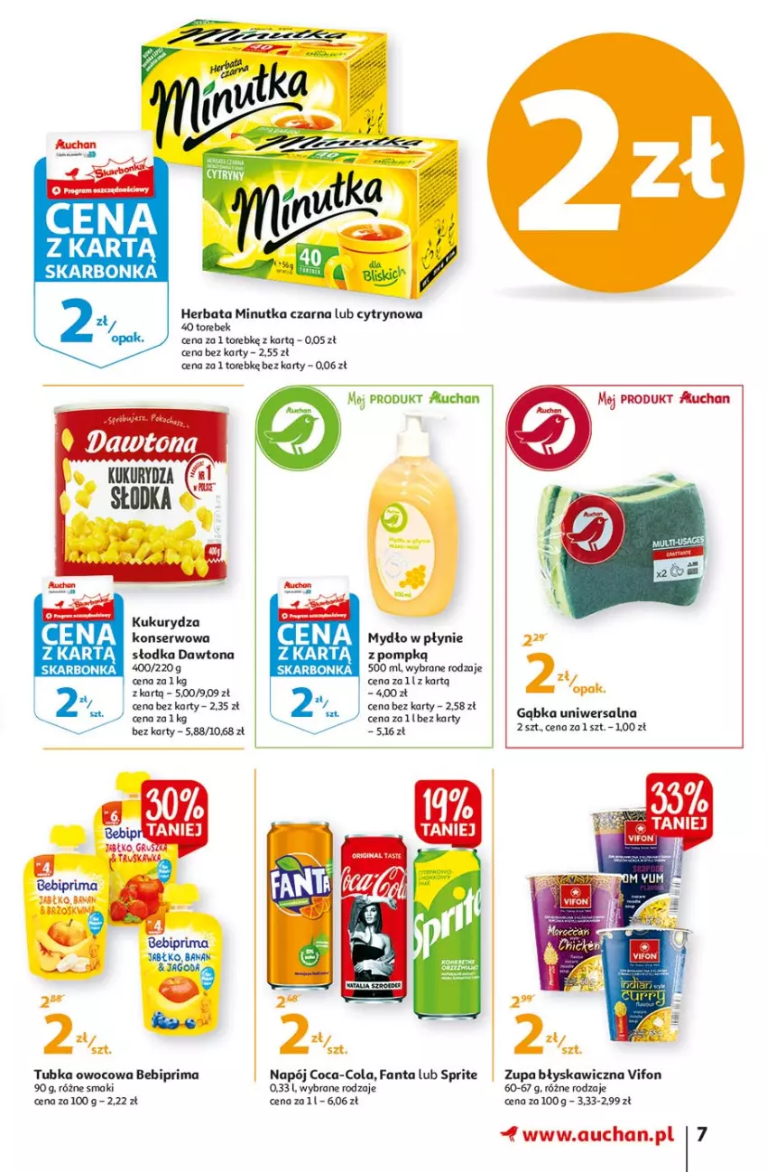 Gazetka promocyjna Auchan - Małe ceny Hipermarkety - ważna 02.09 do 08.09.2021 - strona 7 - produkty: Bebiprima, Coca-Cola, Dawtona, Fa, Fanta, Gra, Herbata, Kukurydza, Kukurydza konserwowa, Mydło, Mydło w płynie, Napój, Prima, Ser, Sprite, Zupa