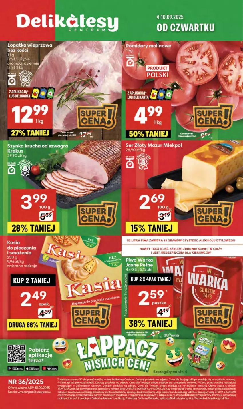 Gazetka promocyjna Delikatesy Centrum - Franczyza DC36 Czwartek - ważna 04.09 do 10.09.2025 - strona 1 - produkty: Dron, Fa, Gra, Kasia, Koc, Piec, Piwa, Piwo, Rama, Rum, Ser, Szynka, Warka, Złoty Mazur