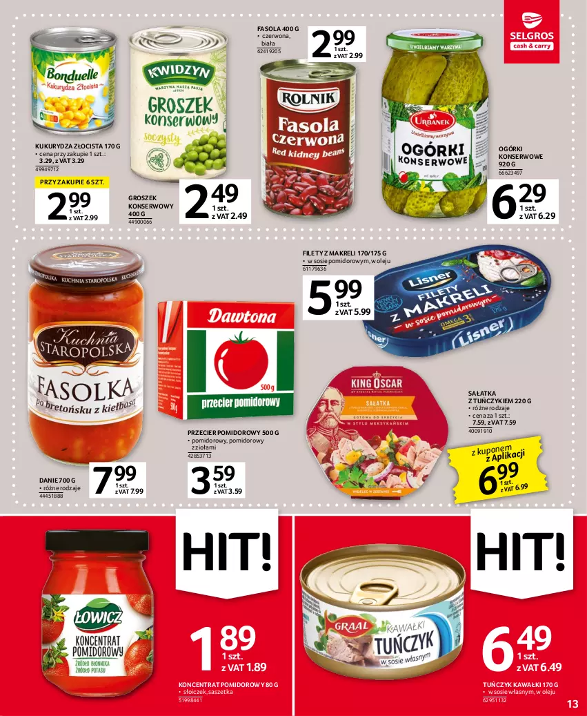 Gazetka promocyjna Selgros - Oferta spożywcza - ważna 11.04 do 19.04.2023 - strona 13 - produkty: Fa, Fasola, Groszek, Kawa, Koncentrat pomidorowy, Kukurydza, Ogórki konserwowe, Olej, Sałat, Sałatka, Ser, Sos, Tuńczyk