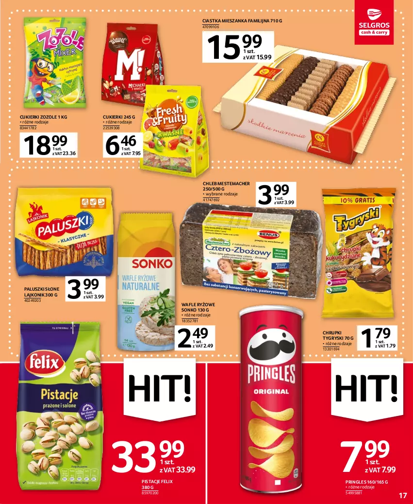 Gazetka promocyjna Selgros - Oferta spożywcza - ważna 11.04 do 19.04.2023 - strona 17 - produkty: Chleb, Chrupki, Ciastka, Cukier, Cukierki, Fa, Felix, Gry, Lajkonik, Pistacje, Pringles, Ryż, Sonko, Wafle