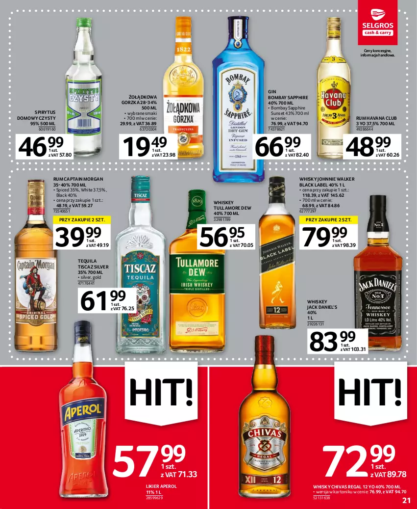 Gazetka promocyjna Selgros - Oferta spożywcza - ważna 11.04 do 19.04.2023 - strona 21 - produkty: Aperol, Captain Morgan, Gin, Johnnie Walker, Lack, Likier, Rum, Tequila, Tonik, Tullamore Dew, Whiskey, Whisky