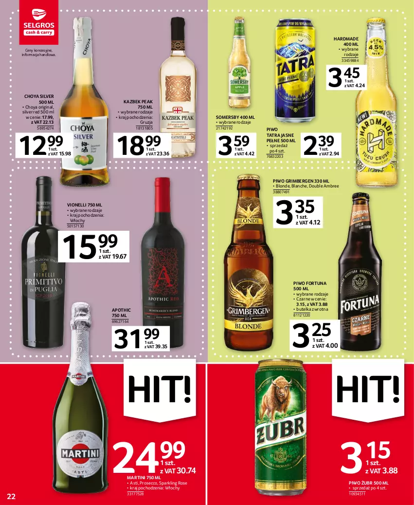 Gazetka promocyjna Selgros - Oferta spożywcza - ważna 11.04 do 19.04.2023 - strona 22 - produkty: Fortuna, Gin, Martini, Piwo, Prosecco, Somersby, Tatra