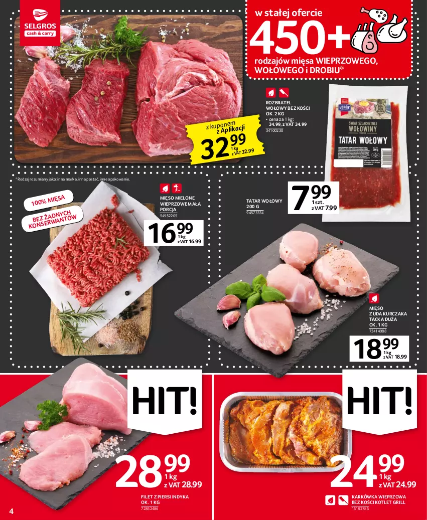 Gazetka promocyjna Selgros - Oferta spożywcza - ważna 11.04 do 19.04.2023 - strona 4 - produkty: Filet z piersi indyka, Grill, Karkówka wieprzowa, Kotlet, Kurczak, Mięso, Mięso mielone, Mięso z uda kurczaka, Por, Rozbratel wołowy, Tatar wołowy