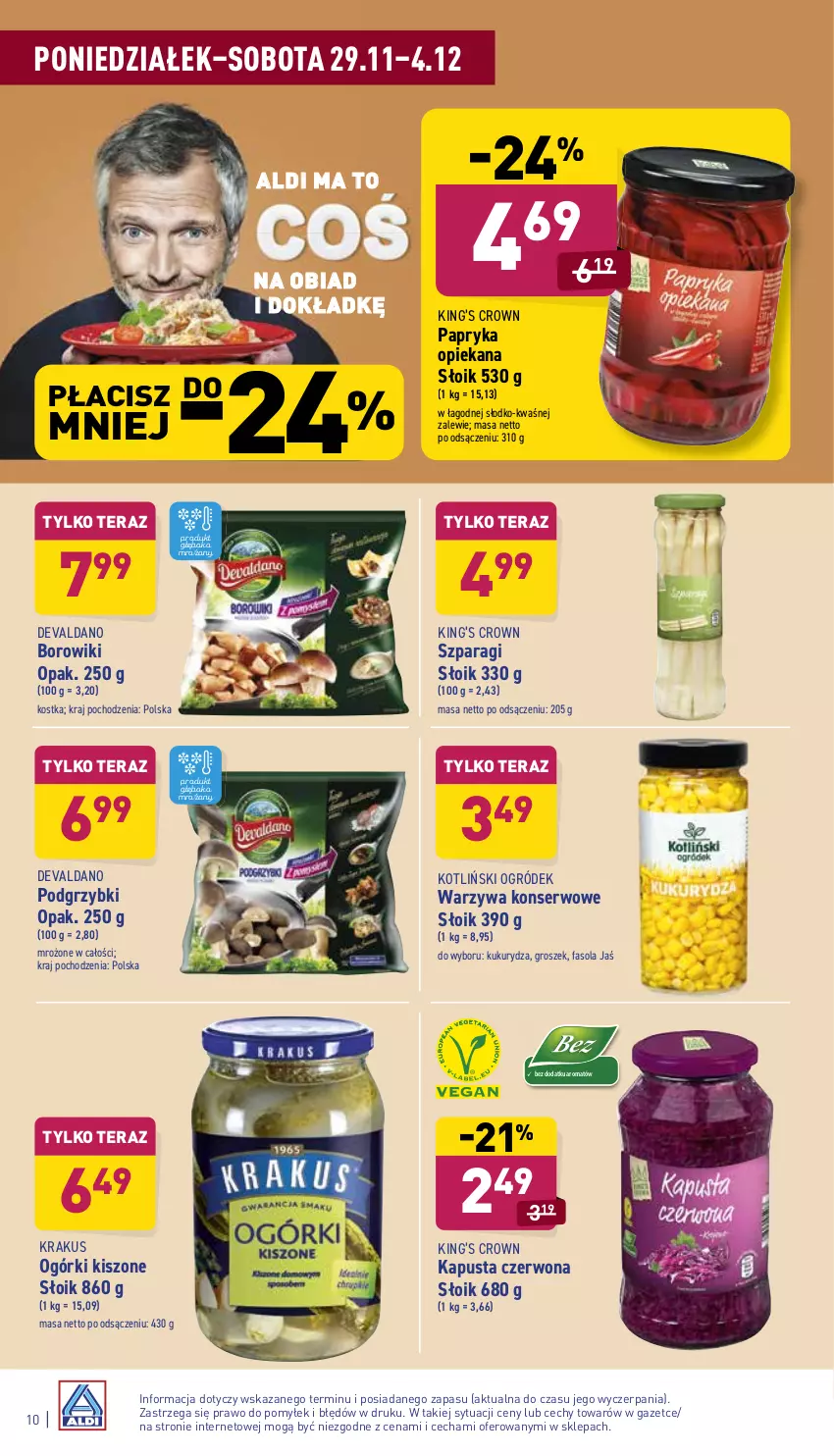 Gazetka promocyjna Aldi - Katalog spożywczy - ważna 29.11 do 04.12.2021 - strona 10 - produkty: Borowiki, Fa, Fasola, Groszek, King’s Crown, Krakus, Kukurydza, Ogród, Papryka, Podgrzybki, Ser, Tera, Warzywa, Warzywa konserwowe