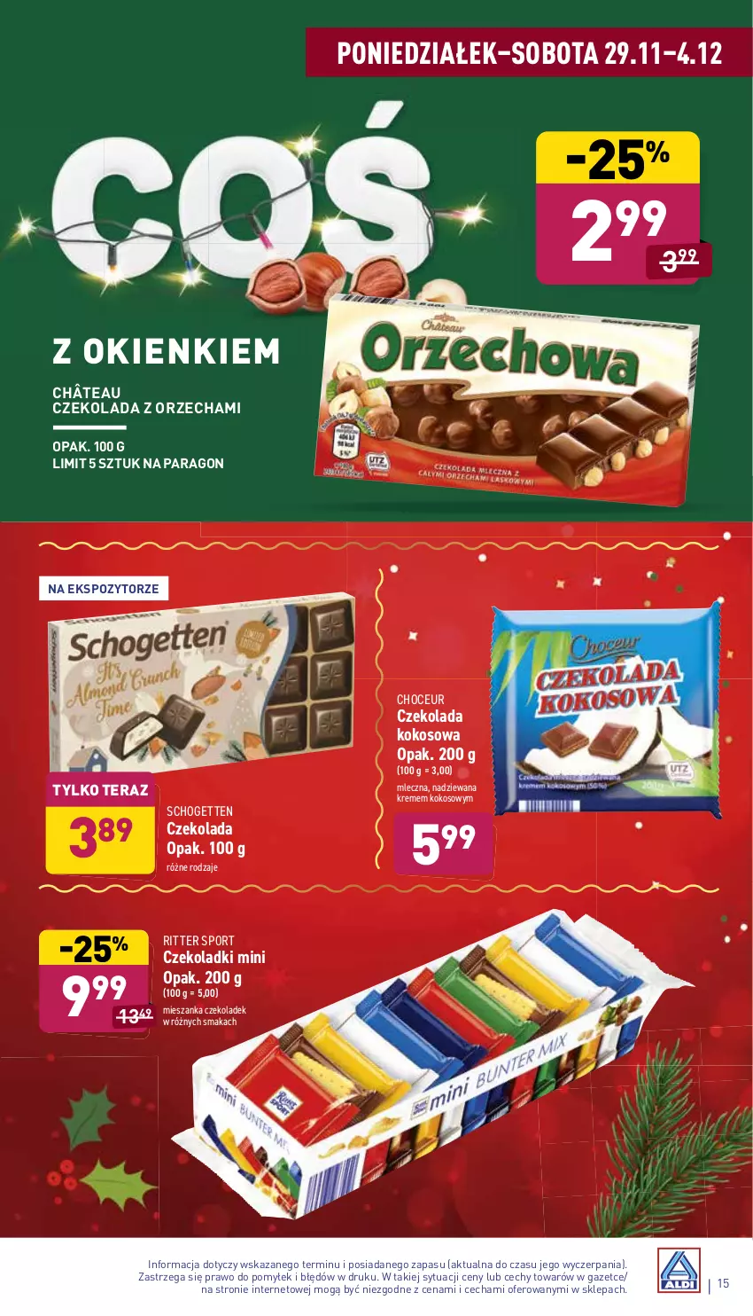 Gazetka promocyjna Aldi - Katalog spożywczy - ważna 29.11 do 04.12.2021 - strona 15 - produkty: Czekolada, Kokos, Por, Ritter Sport, Schogetten, Sport, Tera