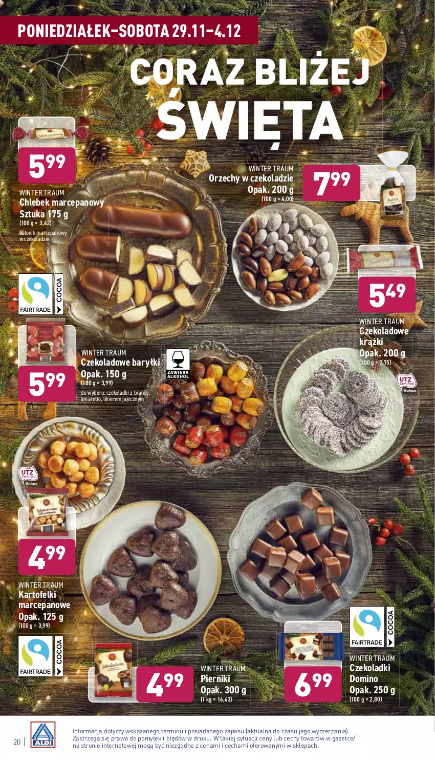 Gazetka promocyjna Aldi - Katalog spożywczy - ważna 29.11 do 04.12.2021 - strona 20 - produkty: Baryłki, Baton, Brandy, Chleb, Kartofelki marcepanowe, Likier, Orzechy w czekoladzie, Piernik, Tonik