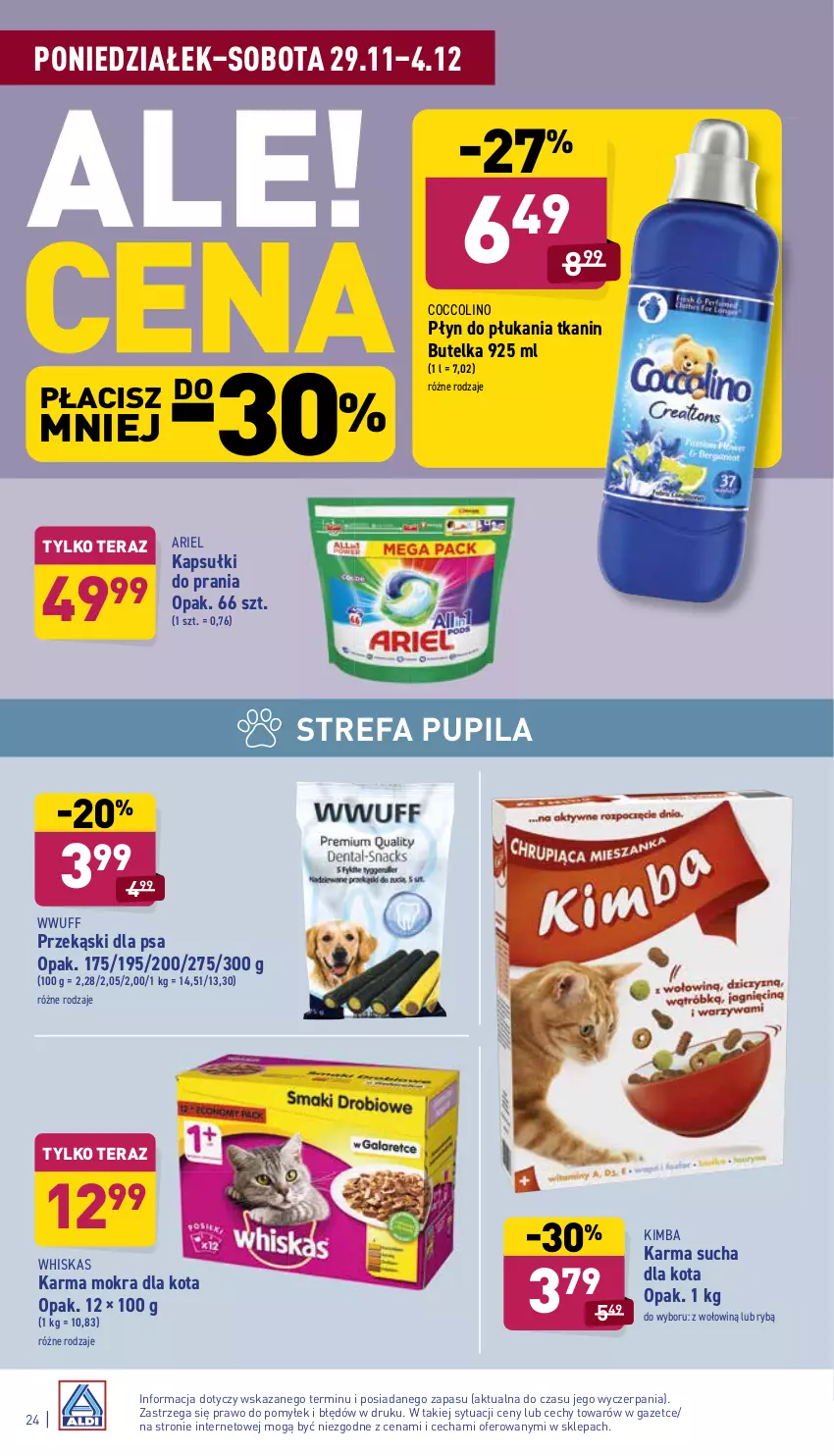 Gazetka promocyjna Aldi - Katalog spożywczy - ważna 29.11 do 04.12.2021 - strona 24 - produkty: Ariel, Coccolino, Fa, Kapsułki do prania, Płyn do płukania, Przekąski dla psa, Tera, Whiskas