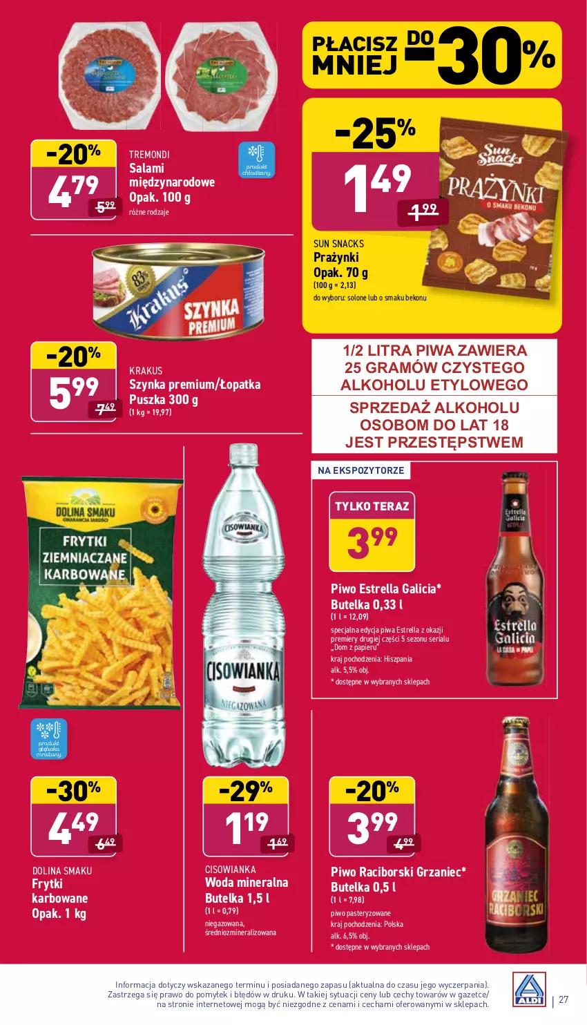 Gazetka promocyjna Aldi - Katalog spożywczy - ważna 29.11 do 04.12.2021 - strona 27 - produkty: Beko, Cisowianka, Frytki, Gra, Krakus, Papier, Piwa, Piwo, Salami, Ser, Szynka, Szynka premium, Tera, Woda, Woda mineralna