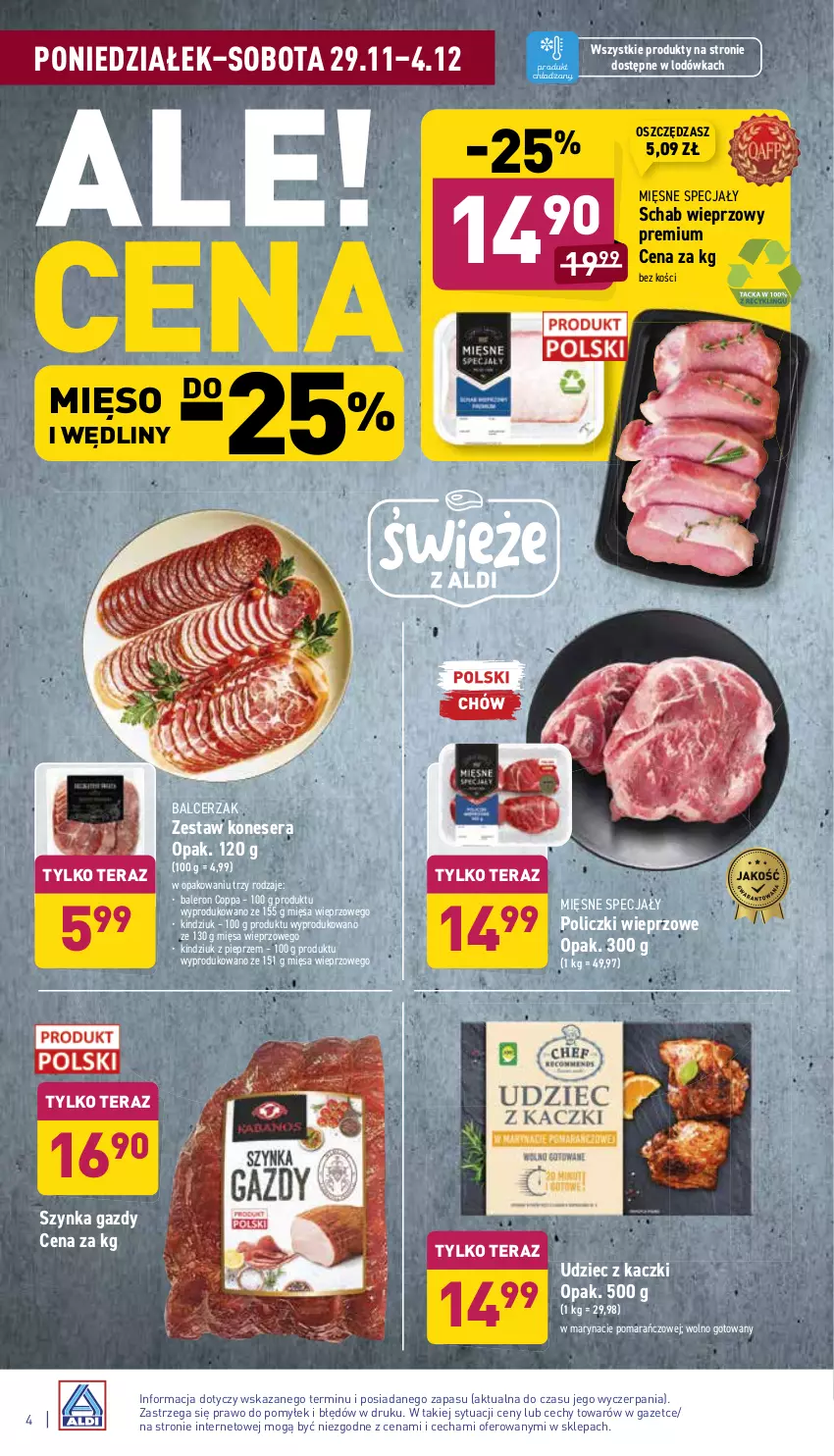 Gazetka promocyjna Aldi - Katalog spożywczy - ważna 29.11 do 04.12.2021 - strona 4 - produkty: Kindziuk, Lodówka, Mięsne specjały, Mięso, Pieprz, Schab wieprzowy, Ser, Szynka, Tera