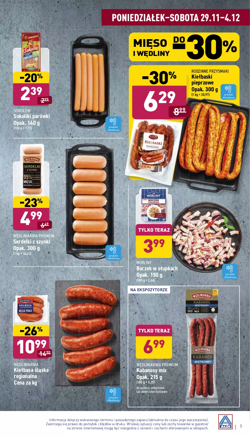 Gazetka promocyjna Aldi - Katalog spożywczy - ważna 29.11 do 04.12.2021 - strona 5 - produkty: Boczek, Kabanos, Kiełbasa, Kiełbasa śląska, Kiełbaski pieprzowe, Mięso, Morliny, Parówki, Pieprz, Przysmaki, Ser, Serdelki, Sok, Sokołów, Tera