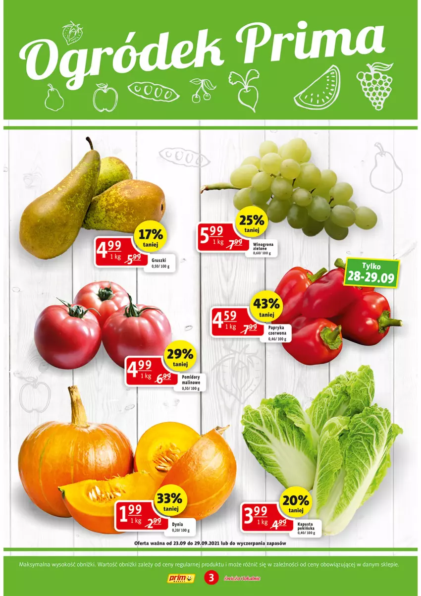 Gazetka promocyjna Prim Market - Gazetka - ważna 23.09 do 29.09.2021 - strona 3 - produkty: Gruszki, Papryka, Papryka czerwona, Pomidory, Wino, Winogrona