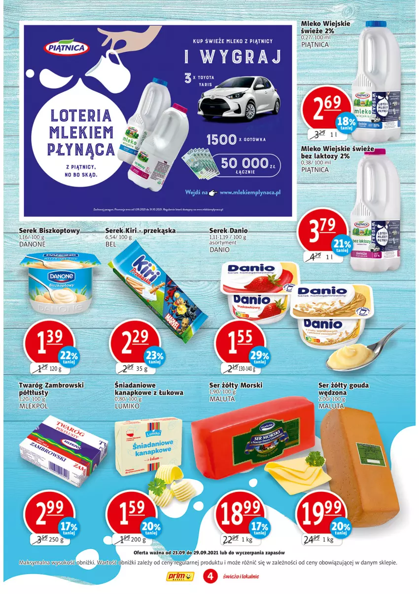 Gazetka promocyjna Prim Market - Gazetka - ważna 23.09 do 29.09.2021 - strona 4 - produkty: Danio, Danone, Gouda, Gra, Koc, Mleko, Piątnica, Ser, Serek, Sok, Twaróg