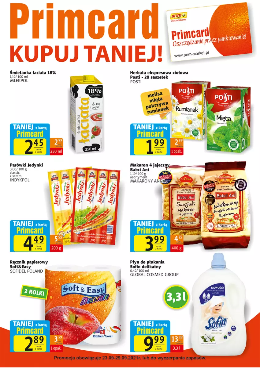 Gazetka promocyjna Prim Market - Gazetka - ważna 23.09 do 29.09.2021 - strona 7 - produkty: Herbata, Makaron, Papier, Parówki, Płyn do płukania, Ręcznik, Rum, Ser