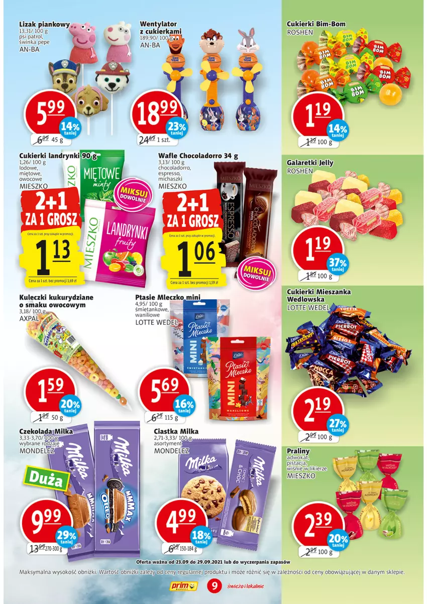 Gazetka promocyjna Prim Market - Gazetka - ważna 23.09 do 29.09.2021 - strona 9 - produkty: Ciastka, Cukier, Cukierki, Czekolada, Gra, Inka, Likier, Milka, Mleczko, Praliny, Ptasie mleczko, Sok, Wafle