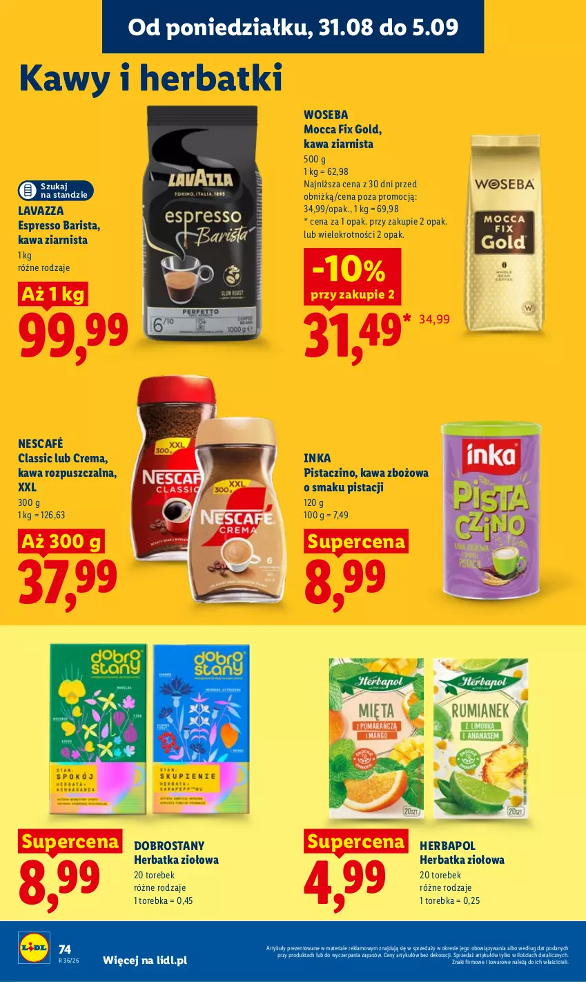 Gazetka promocyjna Lidl - Gazetka ważna od 31.08 do 2.09 - ważna 31.08 do 02.09.2026 - strona 76 - produkty: Herbapol, Inka, Kawa, Kawa rozpuszczalna, Kawa zbożowa, Kawa ziarnista, Lavazza, Mocca Fix Gold, Nescafé, Torebka, Woseba