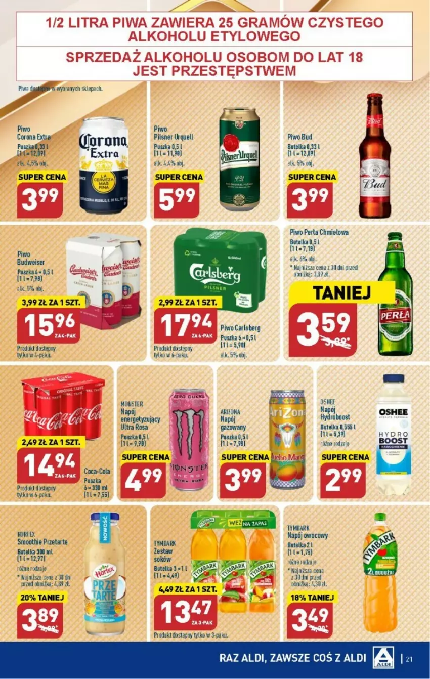 Gazetka promocyjna Aldi - ważna 06.11 do 10.11.2023 - strona 14 - produkty: Carlsberg, Coca-Cola, Corona Extra, Napój, Oshee, Pilsner Urquell, Piwa, Piwo, Smoothie, Tymbark